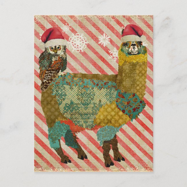 Cartão Postal De Festividades Cartão de Natal Dourado Alpaca & Teal Owl (Frente)