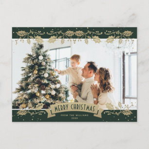 Cartão Postal De Festividades Cartão de Natal Moderno Verde Dourado de Azevinho