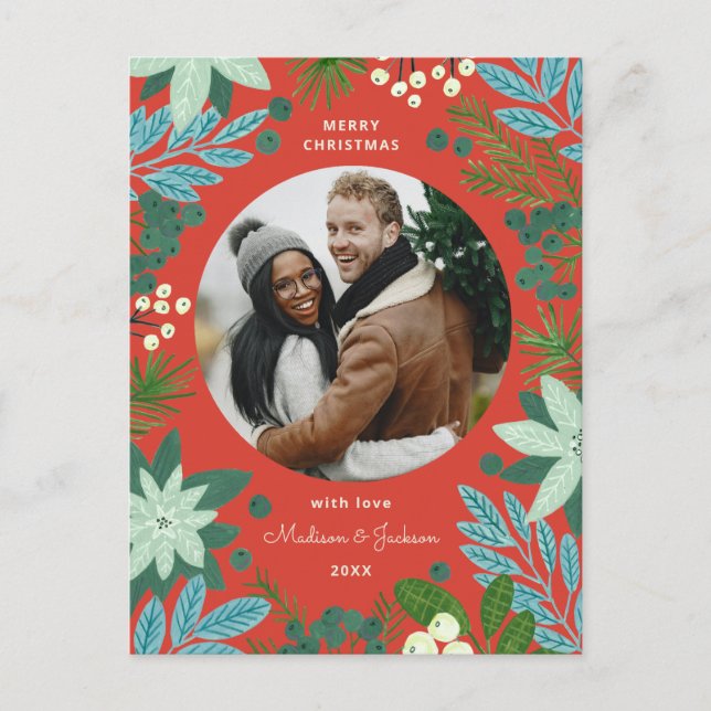Cartão Postal De Festividades Cartão de Natal Vermelho Floral (Frente)