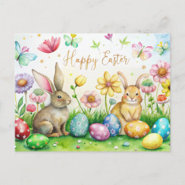 Cartão Postal De Festividades Cartão de páscoa com coelhos, flores e ovos fofos