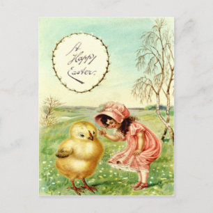 Cartão Postal De Festividades Cartão de Páscoa Menina Antiga com Pintinho