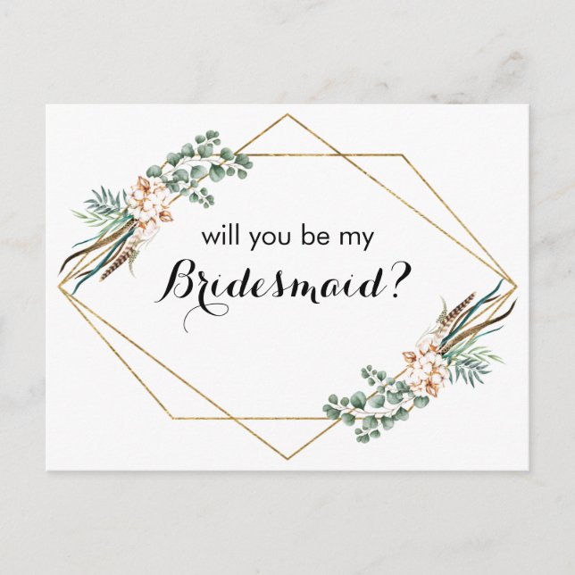 Cartão Postal De Festividades Cartão de Proposta Boho Greenery Glitter Bridesmai (Frente)