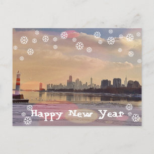 Cartão Postal De Festividades Cartão do feliz ano novo da skyline de Chicago