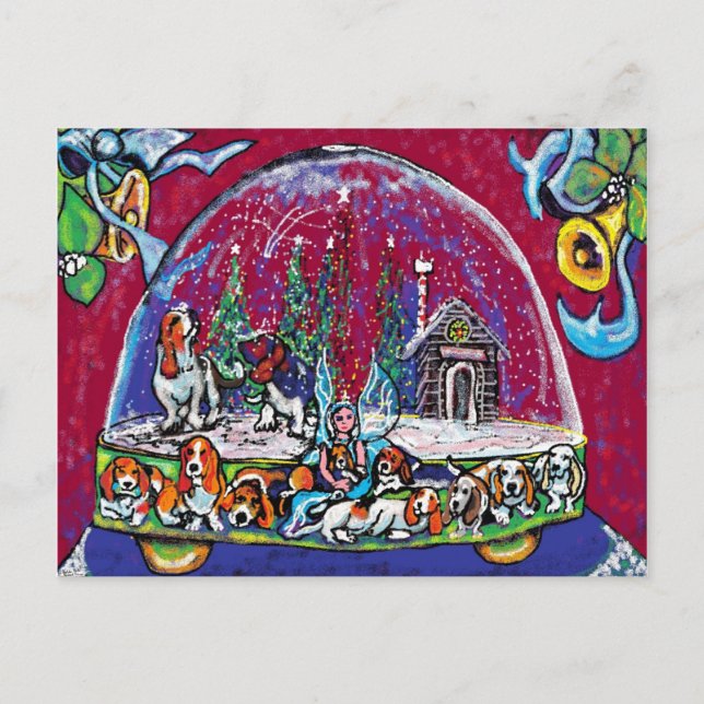 Cartão Postal De Festividades Cartão do feriado de GGBR - Bassets de SnowGlobe (Frente)