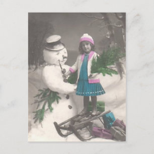 Cartão Postal De Festividades Cartão-menina do natal vintage com boneco de neve