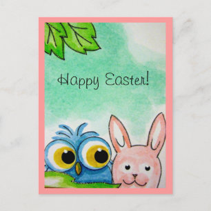 Cartão Postal De Festividades Cartão-postal Blue Owl & Easter Bunny