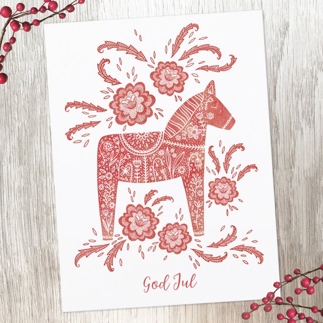 Cartão Postal De Festividades Cartão-postal Dala Horse God Jul Holiday (Swedish Dala Horse red and white God Jul holiday postcard with custom text)