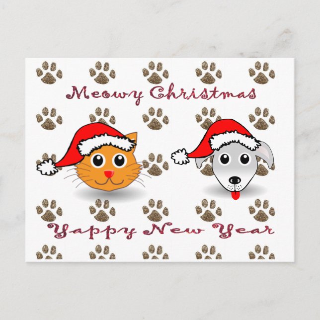 Cartão Postal De Festividades Cartão-postal de Ano Novo Meowy Christmas Yappy (Frente)