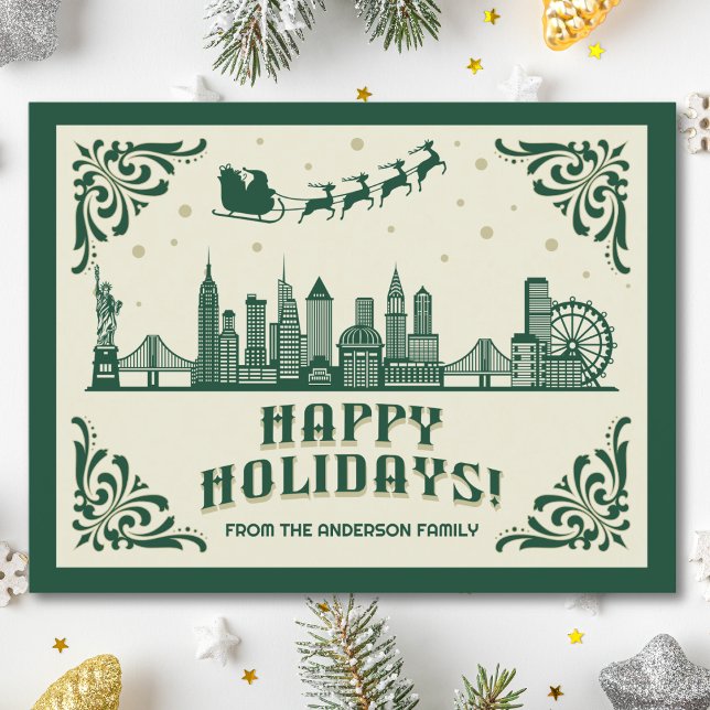 Cartão Postal De Festividades Cartão-postal de feriados felizes do Skyline Nova  (Happy Holidays New York City skyline cityscape christmas postcard customizable real estate Santa )