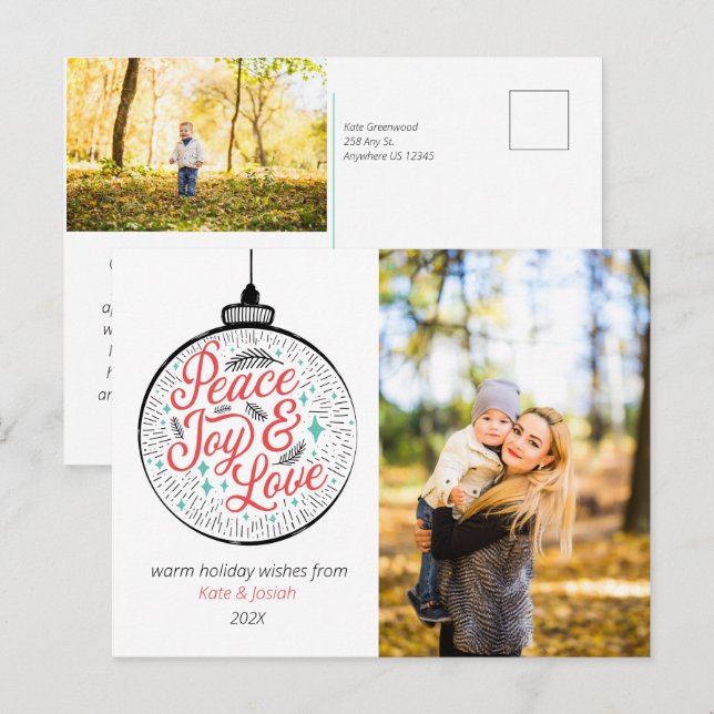 Cartão Postal De Festividades Cartão-postal de Férias de Paz, Joy e Amor (Frente/Verso)