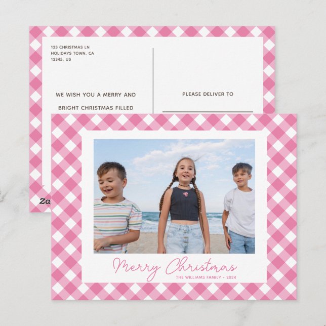 Cartão Postal De Festividades Cartão-postal de Foto de Gingham, Rosa Moderno (Frente/Verso)