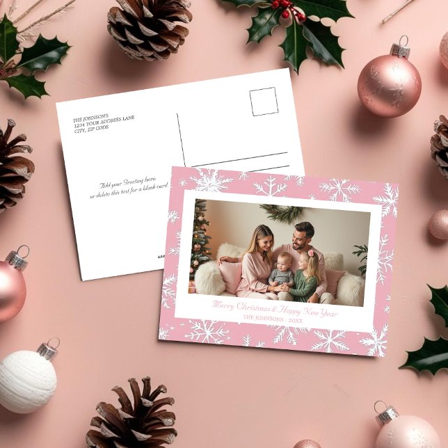 Cartão Postal De Festividades Cartão-postal de fotos de Flocos de Neve Rosa Eleg (Elegant Pink Snowflakes Holiday photo Postcard)