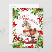 Cartão-postal de Natal com Cavalo Vermelho Branco