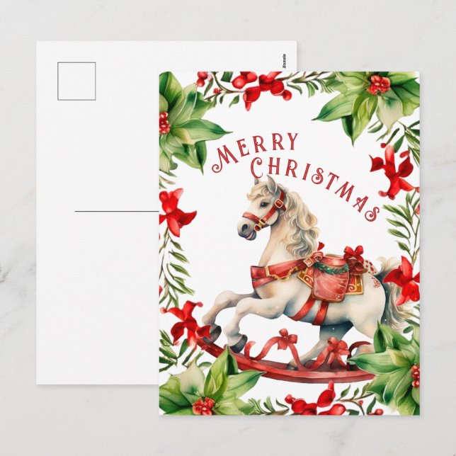 Cartão Postal De Festividades Cartão-postal de Natal com Cavalo Vermelho Branco (Frente/Verso)