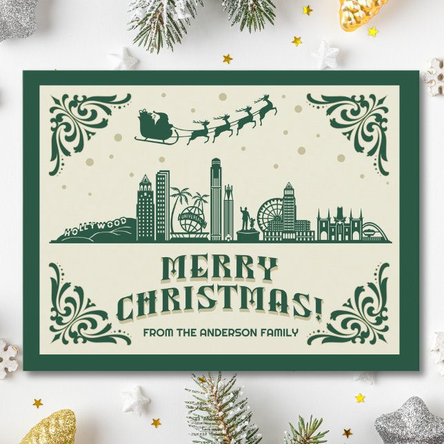 Cartão Postal De Festividades Cartão-postal de Natal da CA Skyline (Los Angeles, CA skyline christmas card green modern merry christmas postcard with custom details)