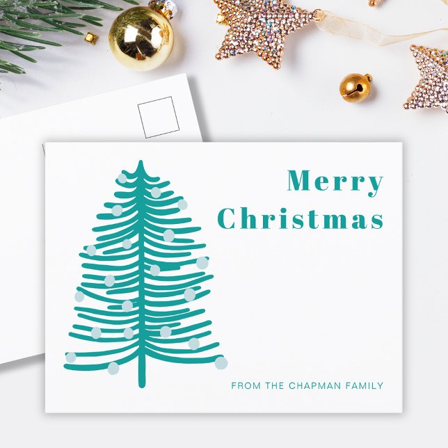 Cartão Postal De Festividades Cartão-postal de Natal da Família Woodland Tree (Personalized family holiday Christmas tree postcard.  Customize with your own Holiday text)