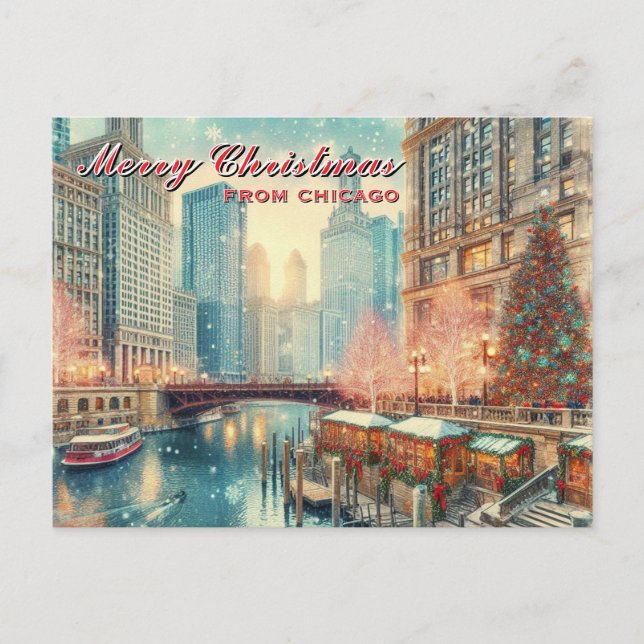 Cartão Postal De Festividades Cartão-postal de Natal Feliz de Chicago (Frente)