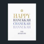 Cartão Postal De Festividades Cartão-postal de Natal Feliz Hanukkah Chanukah<br><div class="desc">O design de folha de ouro simulado por "faaux" é incorporado neste design. Personalize o texto personalizado acima. Você pode encontrar itens de coordenação adicionais na nossa coleção "Happy Hanukkah Chanukah".</div>