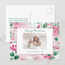 Cartão-postal de Natal Floral de Berries Rosa