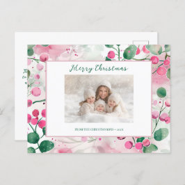 Cartão Postal De Festividades Cartão-postal de Natal Floral de Berries Rosa