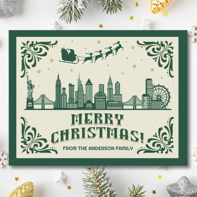 Cartão Postal De Festividades Cartão-postal de Natal no Skyline Nova Iorque (New York, NY NYC skyline christmas card green modern merry christmas postcard with custom details)