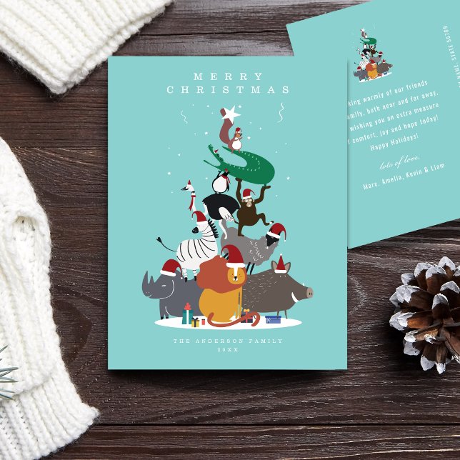 Cartão Postal De Festividades Cartão-postal de Natal para animais selvagens (Wildlife Animals in a Christmas tree form with Christmas hats postcard)