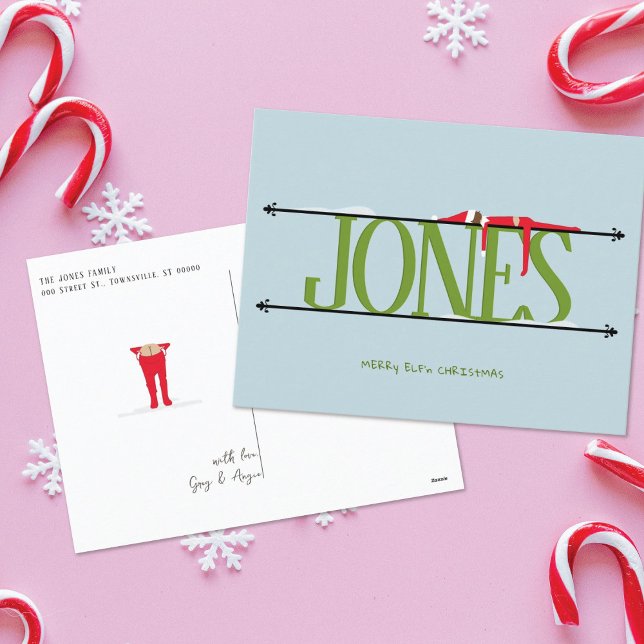 Cartão Postal De Festividades Cartão-postal de Natal Verde e Azul Elf Shenanigan (Criador carregado)