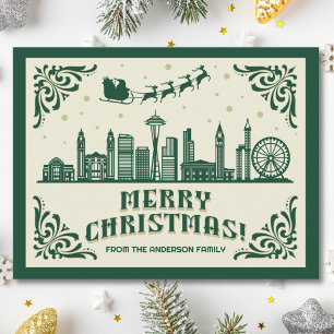 Cartão Postal De Festividades Cartão-postal de Natal Verde para Seattle Skyline