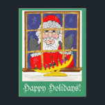 Cartão Postal De Festividades Cartão-postal de Papais noeis de pico<br><div class="desc">Uma bela fotografia branca de Papais noeis a espreitar numa janela durante as férias de inverno adorava este Cartão-postal.</div>