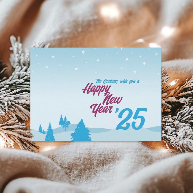 Cartão Postal De Festividades Cartão-postal do feliz ano novo Moderno sem fotogr (Modern non-photo Happy New Year postcard with forest greenery and a starry sky.)