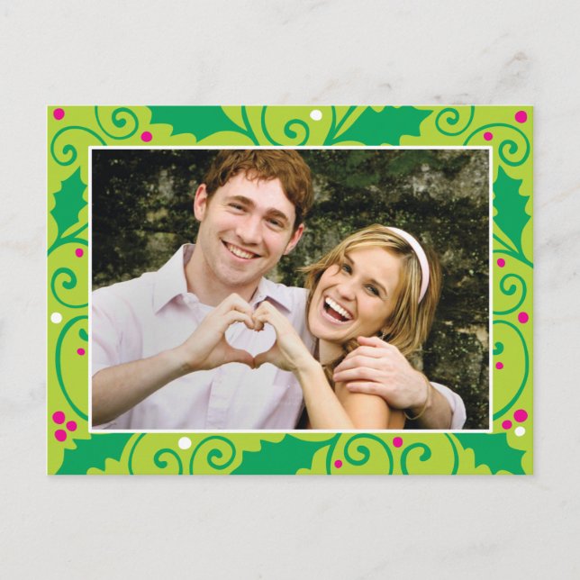 Cartão Postal De Festividades Cartão-postal Holly Holiday Verde e Rosa (Frente)