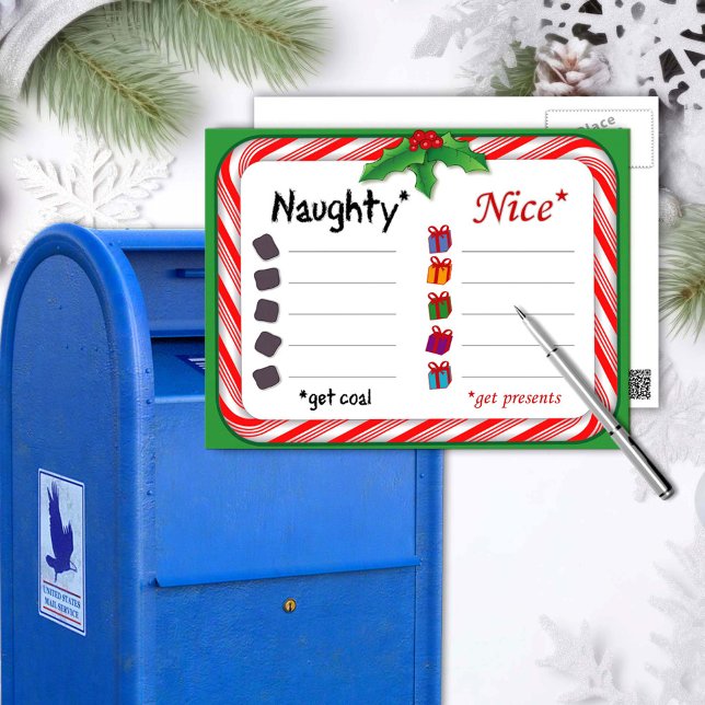 Cartão Postal De Festividades Cartão-postal malvado ou legal (Naughty and Nice Postcard.
The Naughty get coal. Nice ones get presents. )