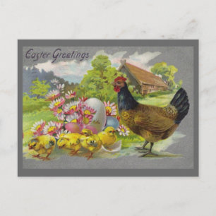 Cartão Postal De Festividades Cartão-postal páscoa Vintage Hen, Pintinhos e Flor