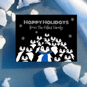 Cartão Postal De Festividades Cartão-postal preto de Natal da Família Penguin Di