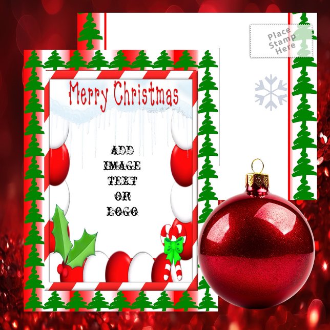 Cartão Postal De Festividades Cartão-postal pronto para fotos de Natal da Pepper (Delightful Peppermint Abstract Christmas Postcard - Ready to Personalize - Traditional Colors)