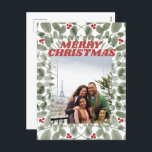 Cartão Postal De Festividades Cartão-postal Vintage Photo Merry Christmas Greene<br><div class="desc">Um clássico, único, festivo e chic verde-natal feliz com folhagem de inverno clássica em verde-sábio e sagrado com a tipografia moderna, estilizada em vermelho vibrante. Também, vem com a oportunidade de compartilhar sua foto com seus entes queridos. As costas são vazios para a sua imaginação. Este cartão postal vintage faz...</div>