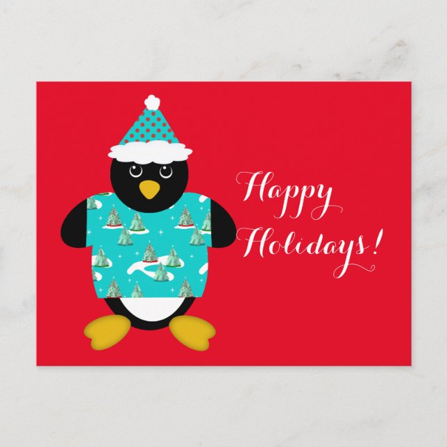 Cartão Postal De Festividades Cartão-postal Whimsic de Pinguim de Natal (Frente)