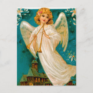 Cartão Postal De Festividades Cartaz da Igreja Vintage e Angel Christmas