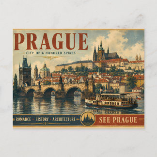 Cartão Postal De Festividades Cartaz de Praga - Cidade de Cem Torres - Vintage