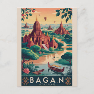Cartão Postal De Festividades Cartaz de Viagem Vintage Bagan Myanmar Arte de T