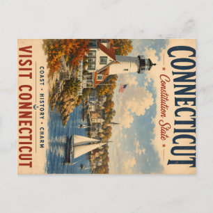 Cartão Postal De Festividades Cartaz de Viagem Vintage Connecticut com Lig Coste