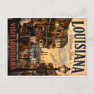 Cartão Postal De Festividades Cartaz de Viagem Vintage da Louisiana com Músico d