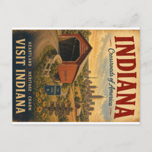 Cartão Postal De Festividades Cartaz de Viagem Vintage Indiana com Ponte Coberta