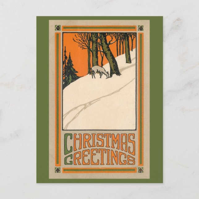 Cartão Postal De Festividades Cartaz Deco de Natal com veado, neve e árvores (Frente)