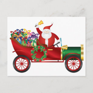 Cartão Postal De Festividades Cartaz do Santa Claus tocando em Carro vintage