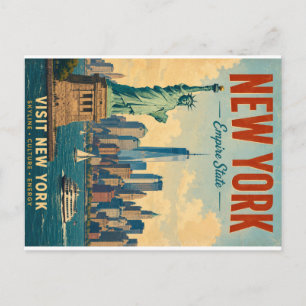Cartão Postal De Festividades Cartaz Vintage da Silhueta de Nova York com Estátu