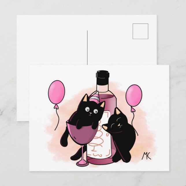 Cartão Postal De Festividades Cartoon black Cats party with Balloons and Wine (Frente/Verso)