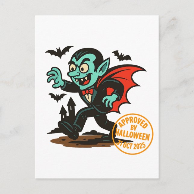 Cartão Postal De Festividades Cartoon Dracula Vampiro - Aprovado pelo Halloween (Frente)