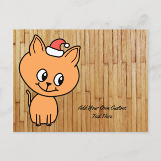 Cartão Postal De Festividades Cartoon Ginger Cat na Foto de Madeira. Custom Text