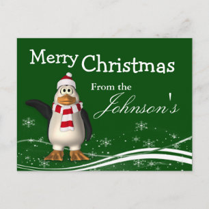 Cartão Postal De Festividades Cartoon Santa Claus Penguin Saudação de Natal